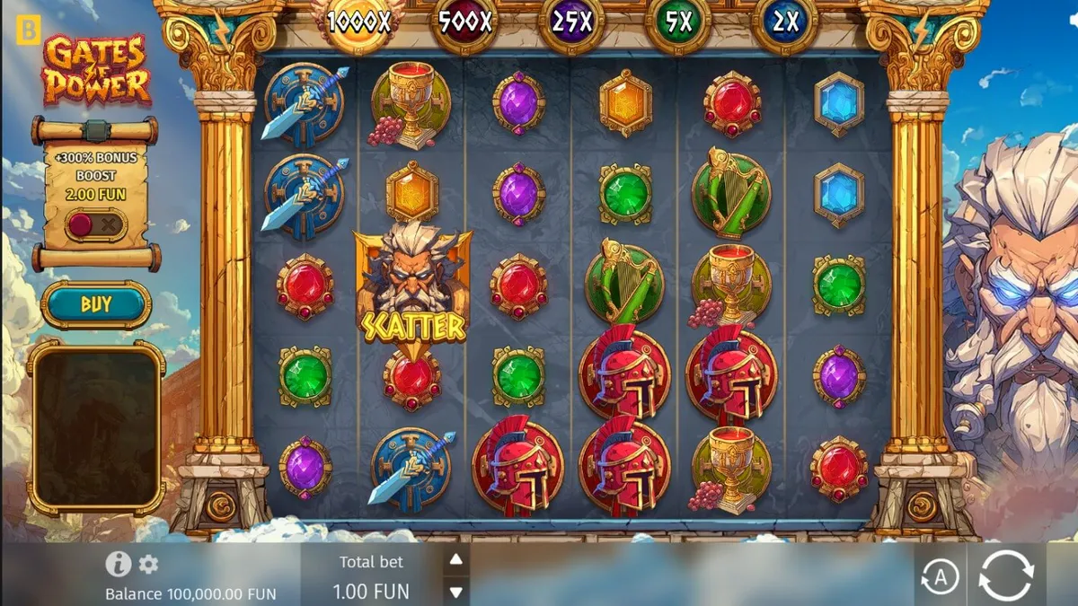 Visual megah gerbang Olympus dalam slot Gates of Power dengan latar belakang langit biru dan petir Zeus.