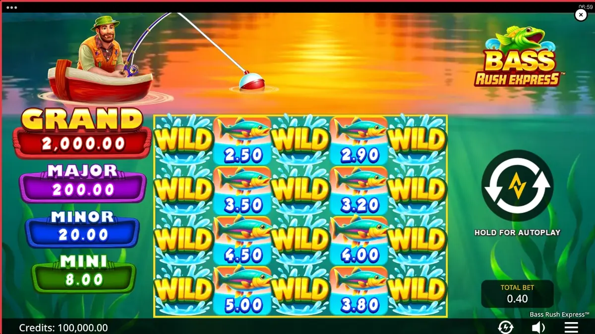 Tampilan visual slot Bass Rush Express dengan latar belakang danau yang tenang dan simbol memancing.