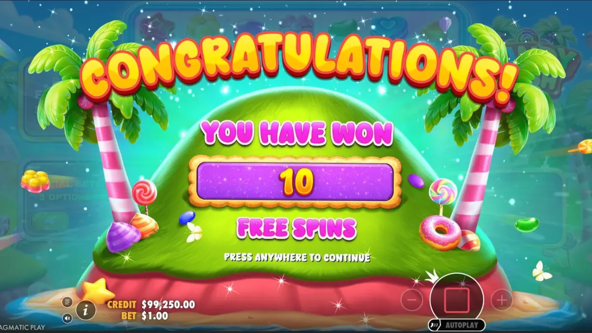 Tampilan visual slot Candy Rush dengan grid 7x7 yang penuh dengan permen warna-warni.